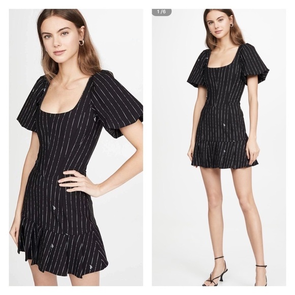 NWT I.AM.GIA Chelsey Mini Dress Black Pinstripe Puff Sleeve Corset Small Blogger - Picture 3 of 11